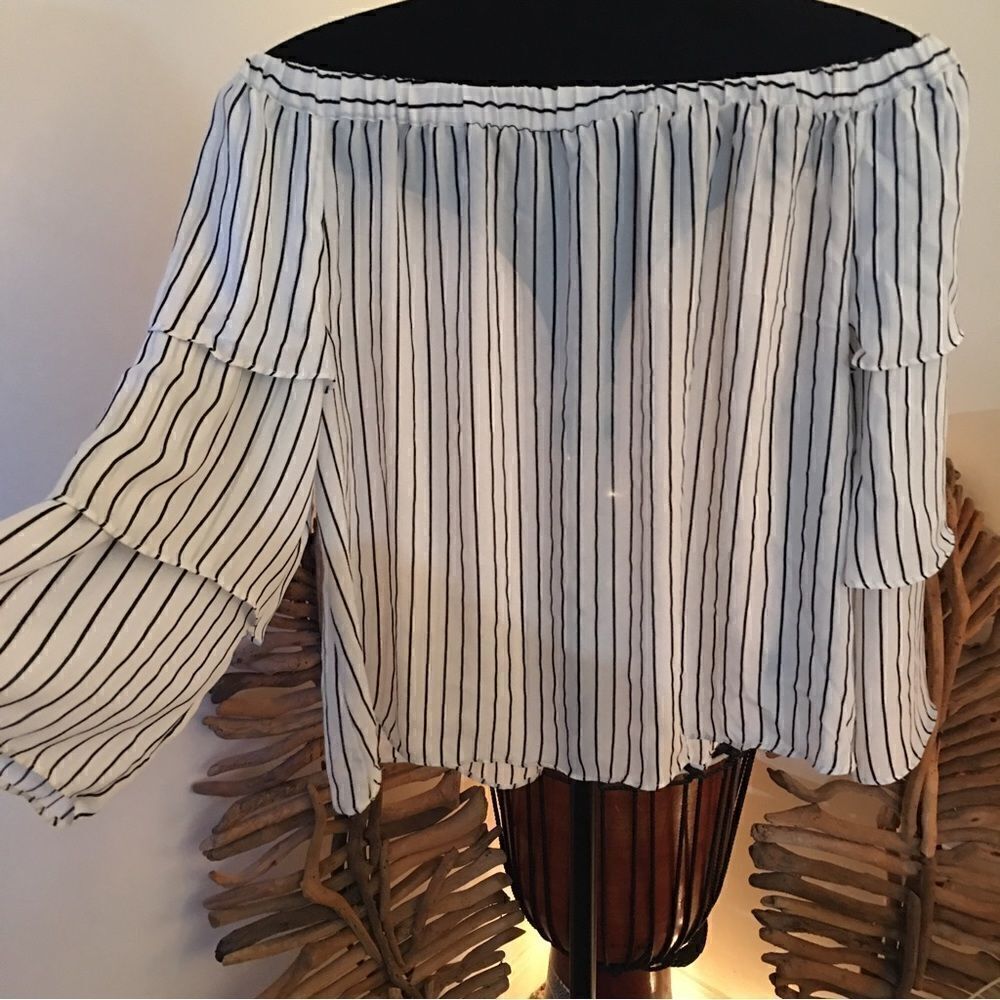 Worthington soft semi sheer off shoulder cropped blouse